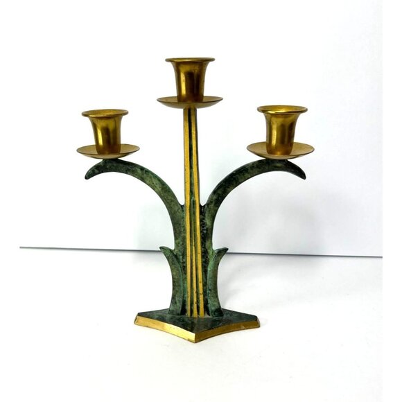 Vintage Dayagi Jerusalem Brass Patina 3-Arm Candelabra 8.5" High MCM Design - Picture 2 of 8